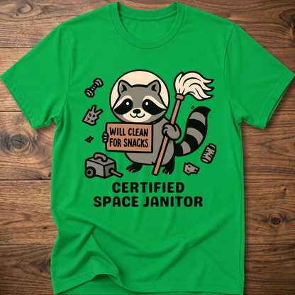 Raccoon space janitor graphic t-shirt, green