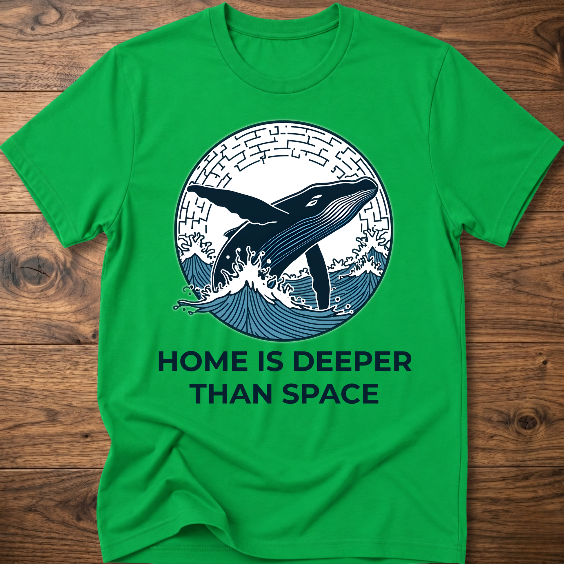Green T-shirt with whale surf graphic and “HOME IS DEEPER THAN SPACE” text