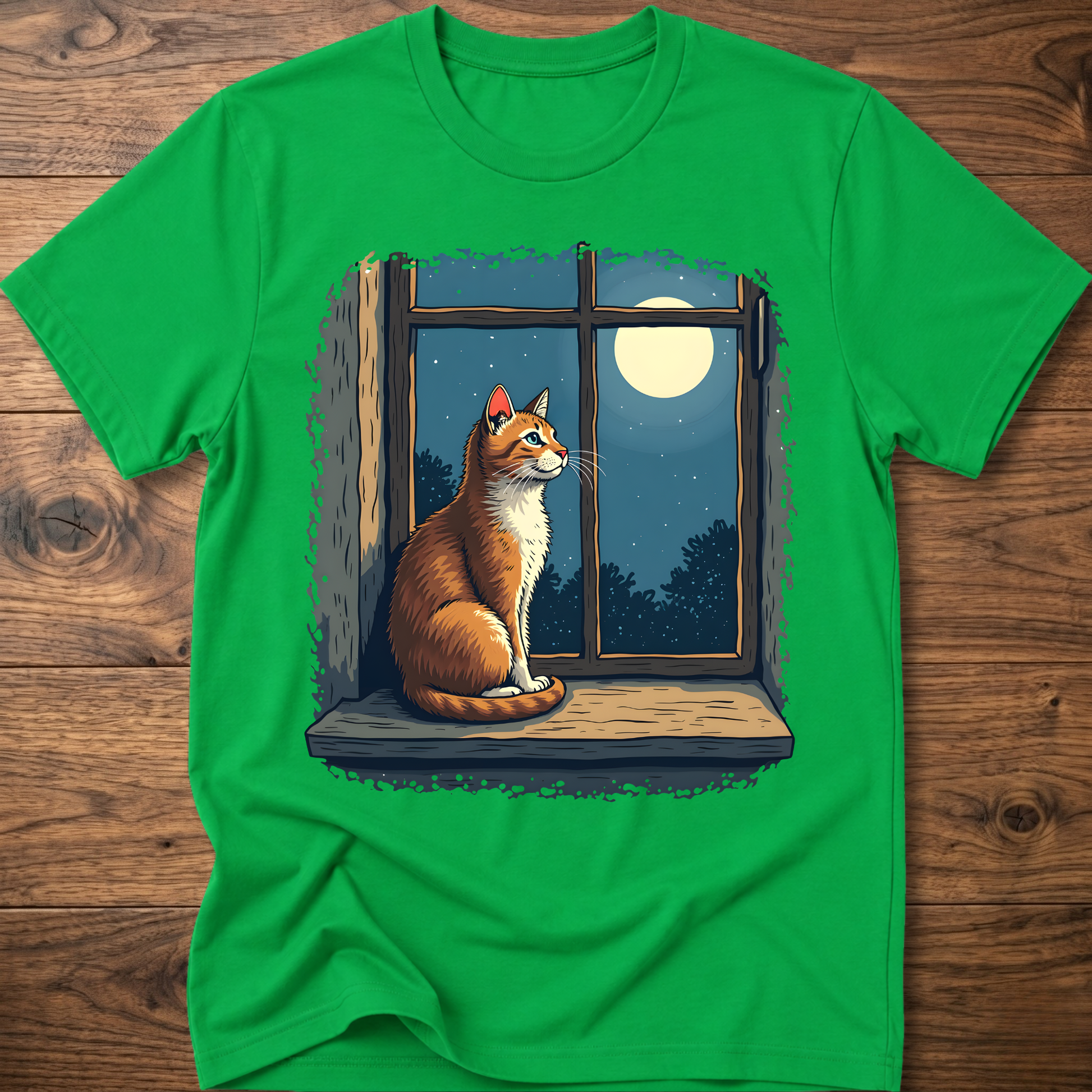 Green t-shirt with vintage cat sitting by a window under a moon