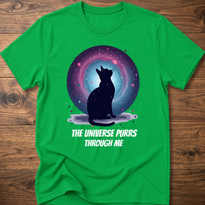 Green cat t-shirt with cosmic cat silhouette and white "The universe purrs through me" text