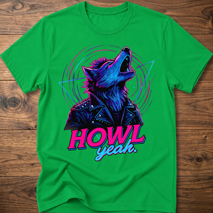Green wolf graphic t-shirt with neon 'Howl Yeah' text print