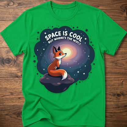 Green t-shirt with cartoon fox in space swirl graphic and “SPACE IS COOL” text