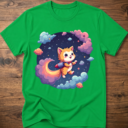 Green kids' graphic T-shirt with smiling orange astronaut cat in a galaxy wreath