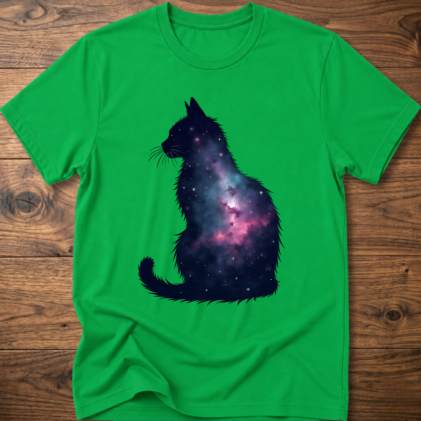 Irish green t-shirt with galaxy cat graphic on the front