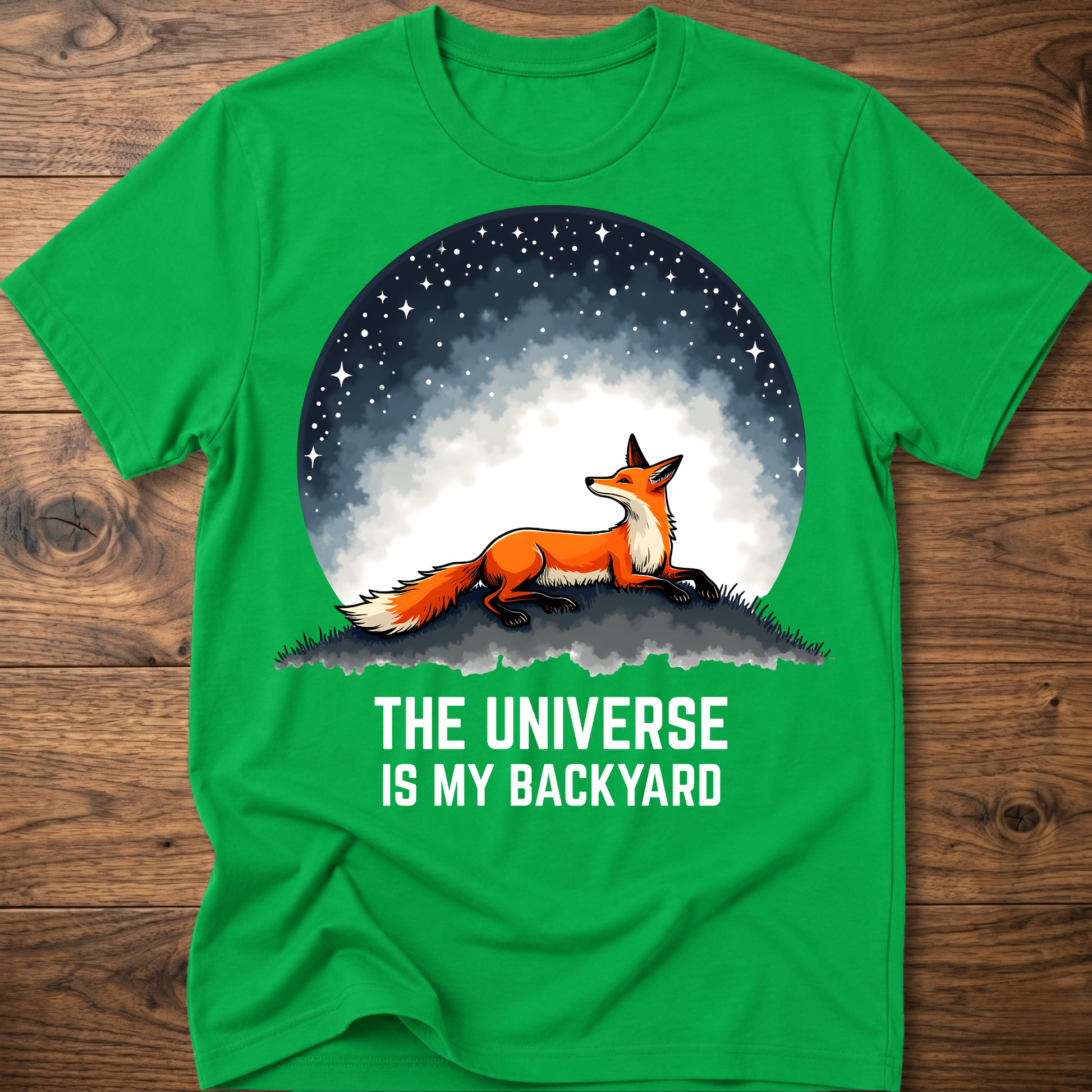 Green crewneck T-shirt with fox under space dome graphic and 'The Universe Is My Backyard'