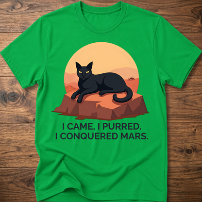 Conquered Cat T-shirt, military green; lounging cat graphic with orange text 'I CAME, I PURRED.'