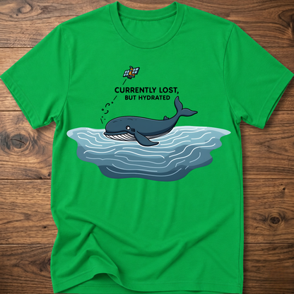 Green crew-neck T-shirt with whale in water graphic on chest
