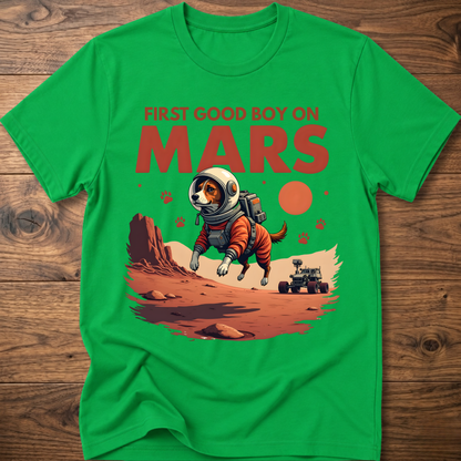 Green crewneck t-shirt with astronaut dog and 'First Good Boy on Mars' graphic