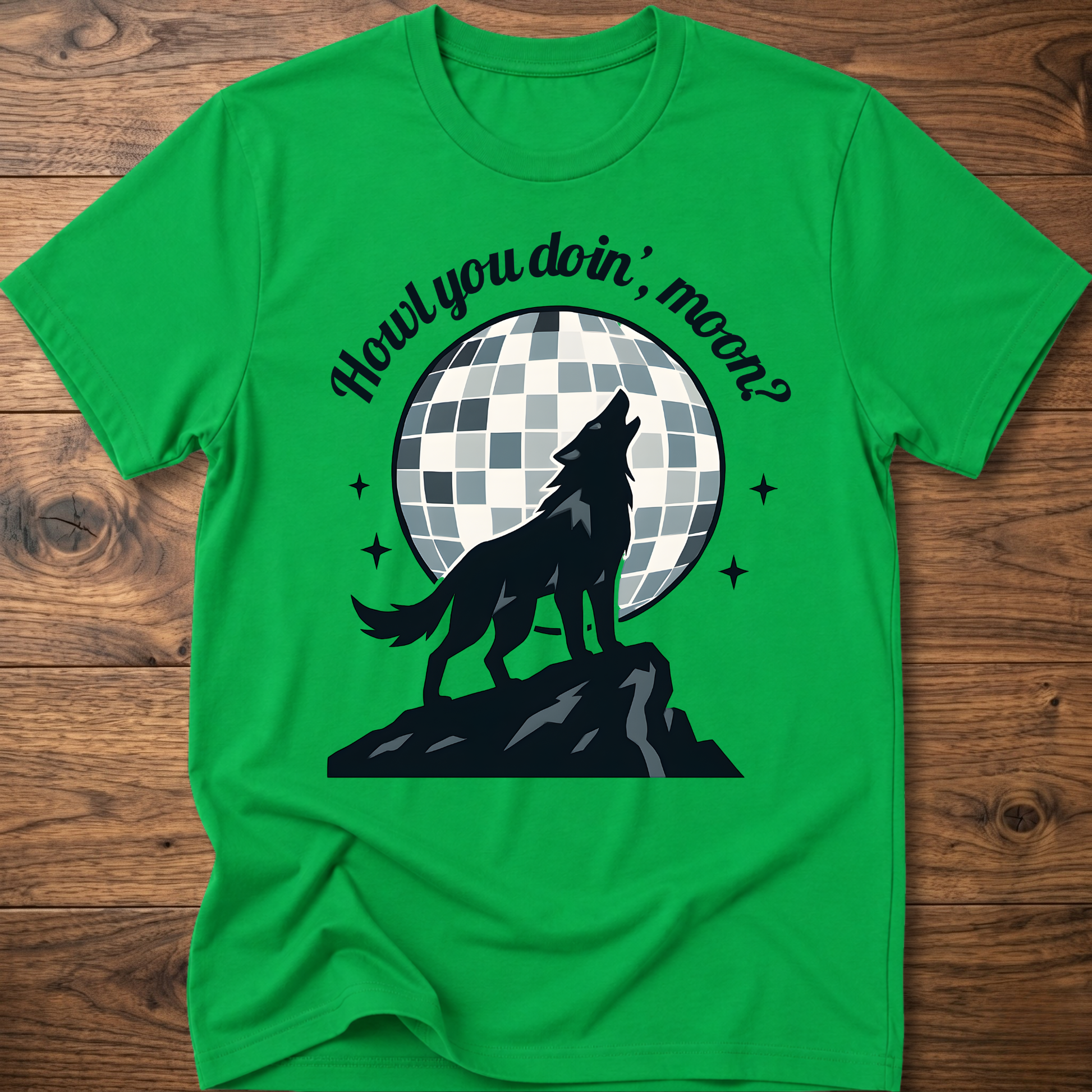 Bright green wolf graphic T-shirt with circular check background and slogan text
