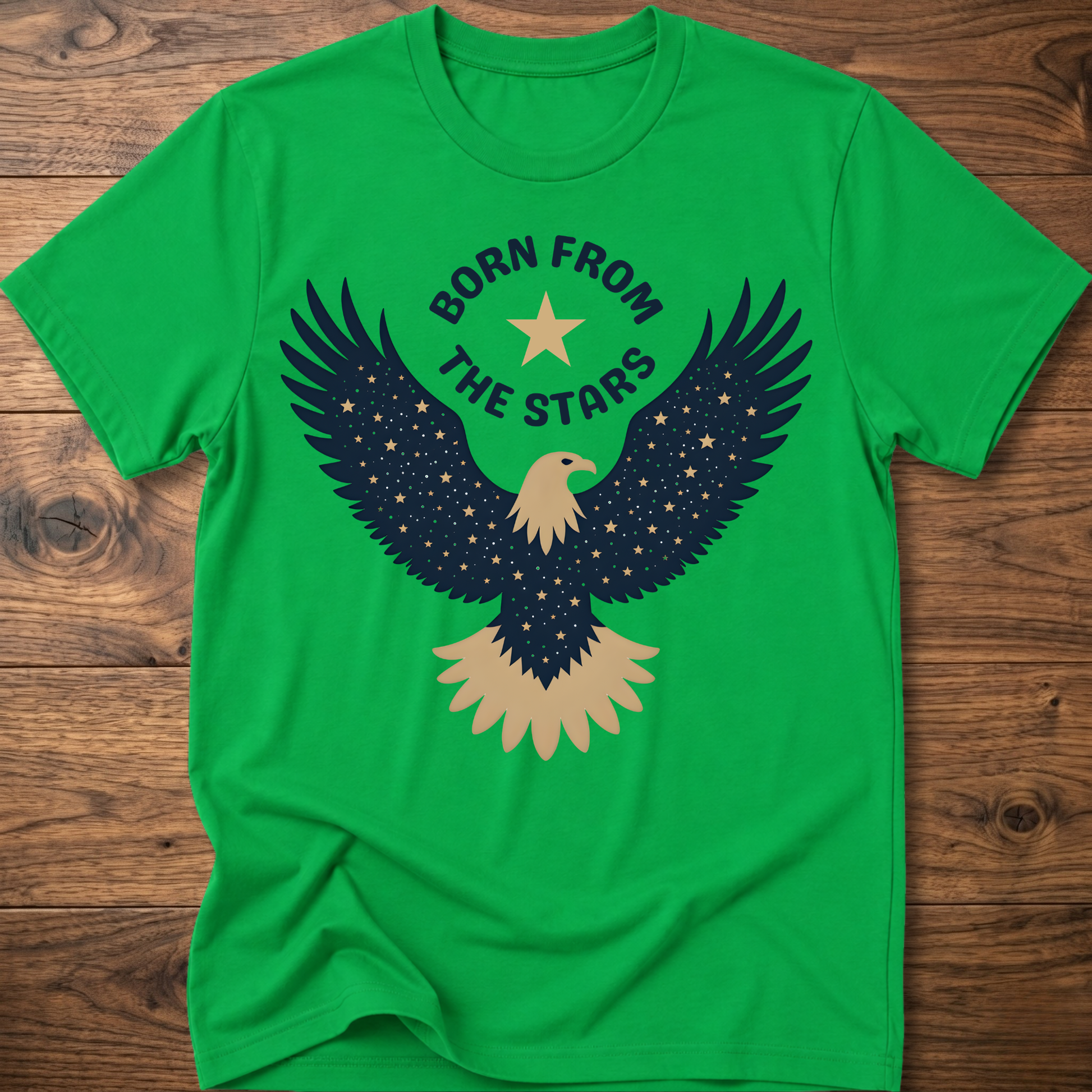Irish green graphic eagle T-shirt with 'Born From the Stars' star-wing emblem
