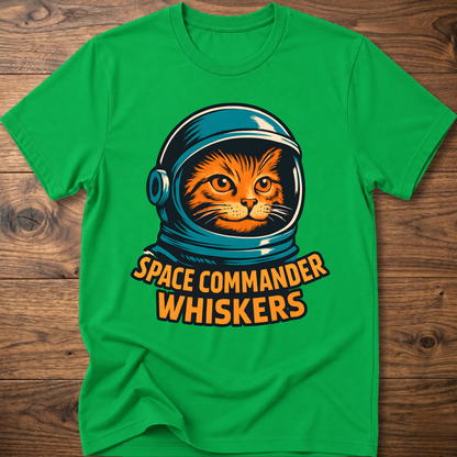 Astronaut cat graphic T-shirt, bright green; “SPACE COMMANDER WHISKERS” print