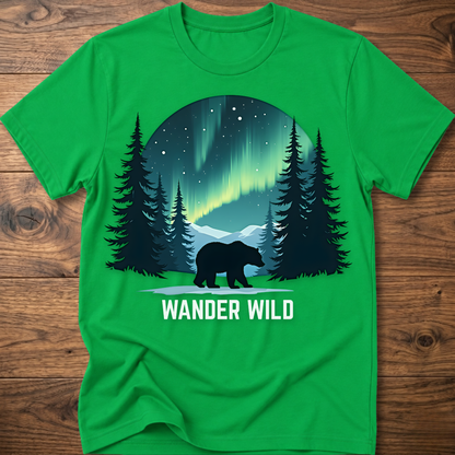 Green crew-neck t-shirt with bear in forest graphic and 'Wander Wild' text
