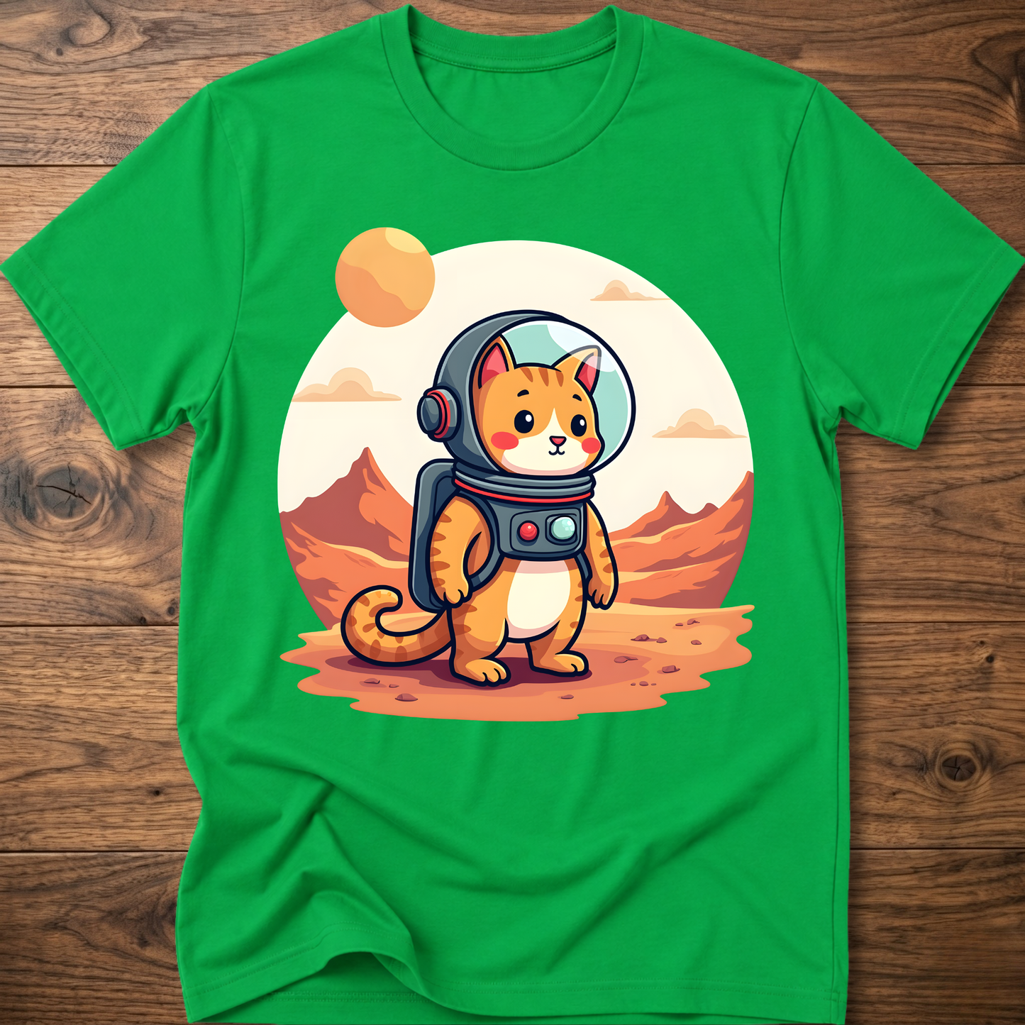 Green crew-neck T-shirt with astronaut cat graphic in the center