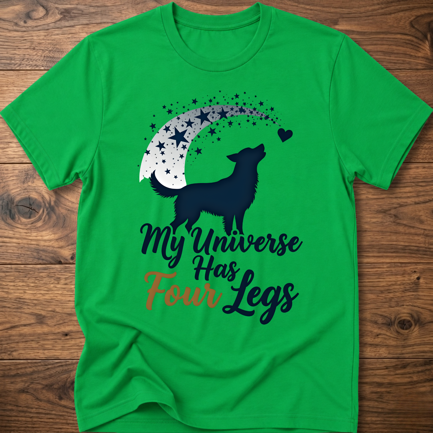 Green dog graphic crew-neck T-shirt with 'My Universe Has Four Legs' text