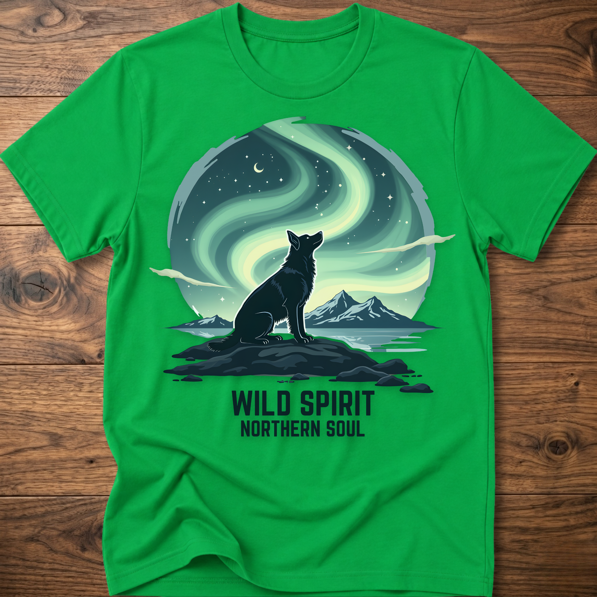 Green crewneck T-shirt with cat aurora graphic and 'WILD SPIRIT NORTHERN SOUL'