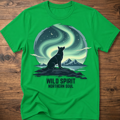 Green crewneck T-shirt with cat aurora graphic and 'WILD SPIRIT NORTHERN SOUL'