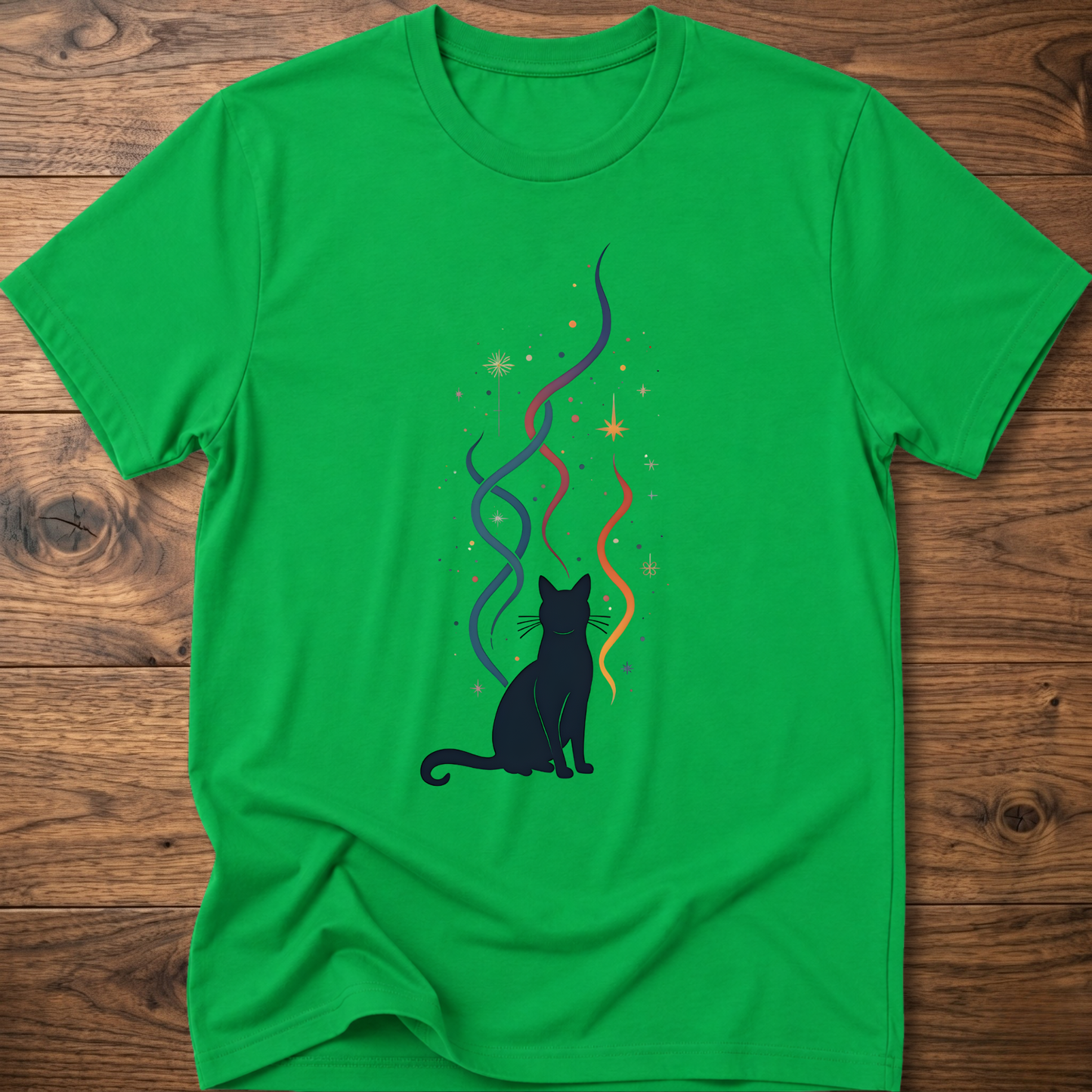 Green crew-neck T-shirt with black cat silhouette and multicolor line graphic