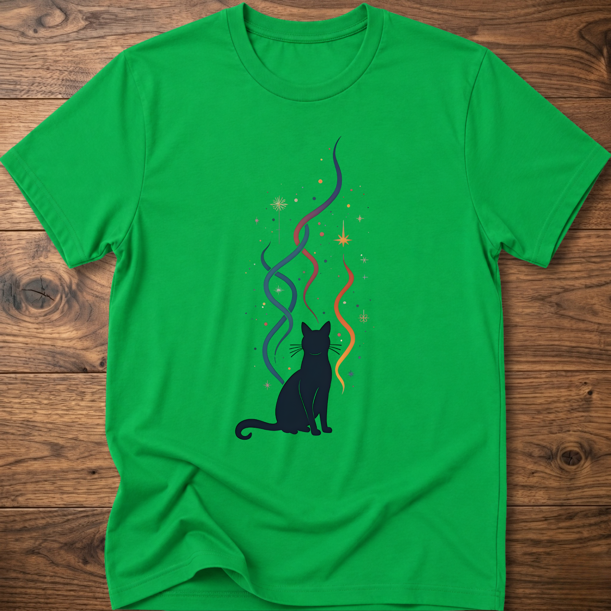 Green crew-neck T-shirt with black cat silhouette and multicolor line graphic