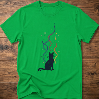Green crew-neck T-shirt with black cat silhouette and multicolor line graphic