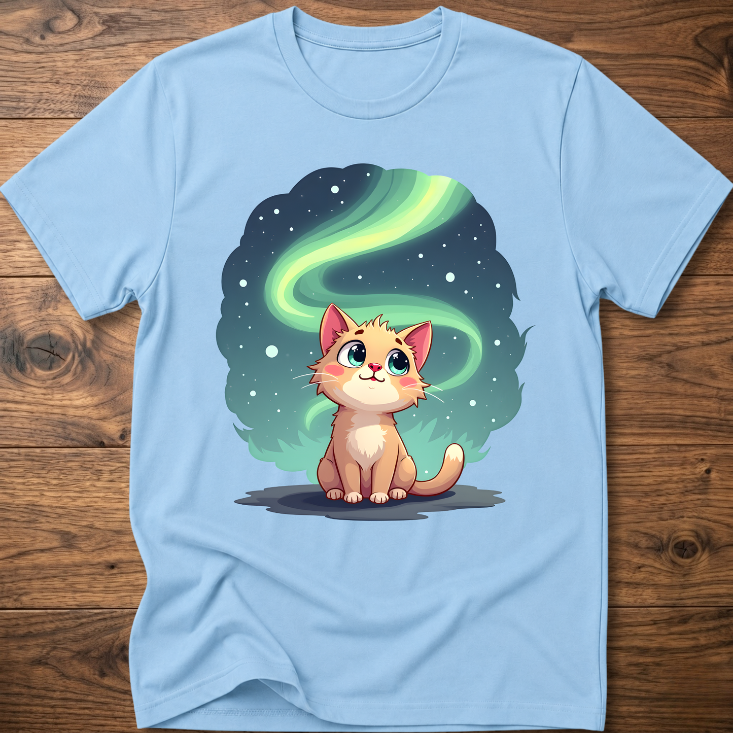 Light blue kitty graphic t-shirt with glowing green swirl and cute cat