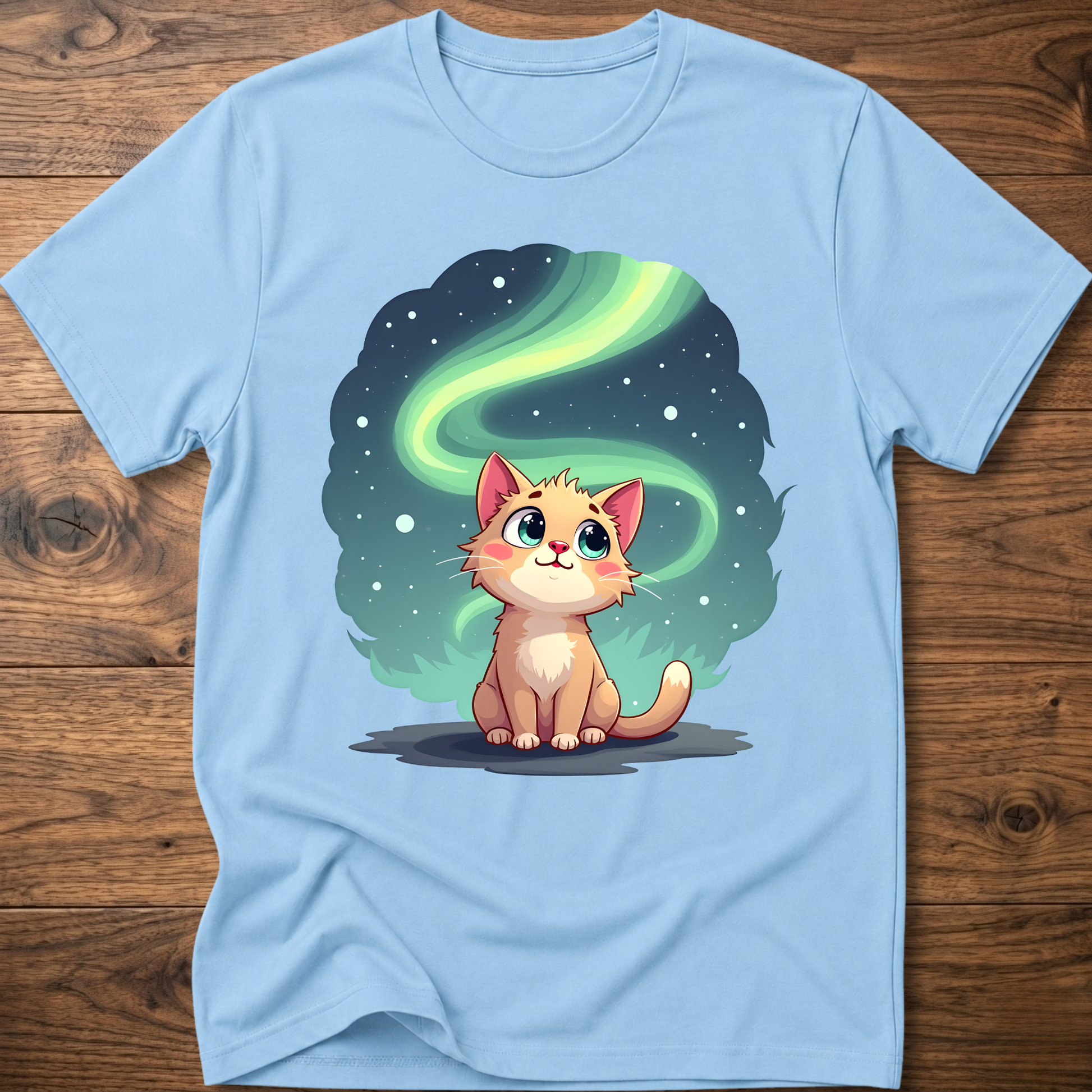 Light blue kitty graphic t-shirt with glowing green swirl and cute cat