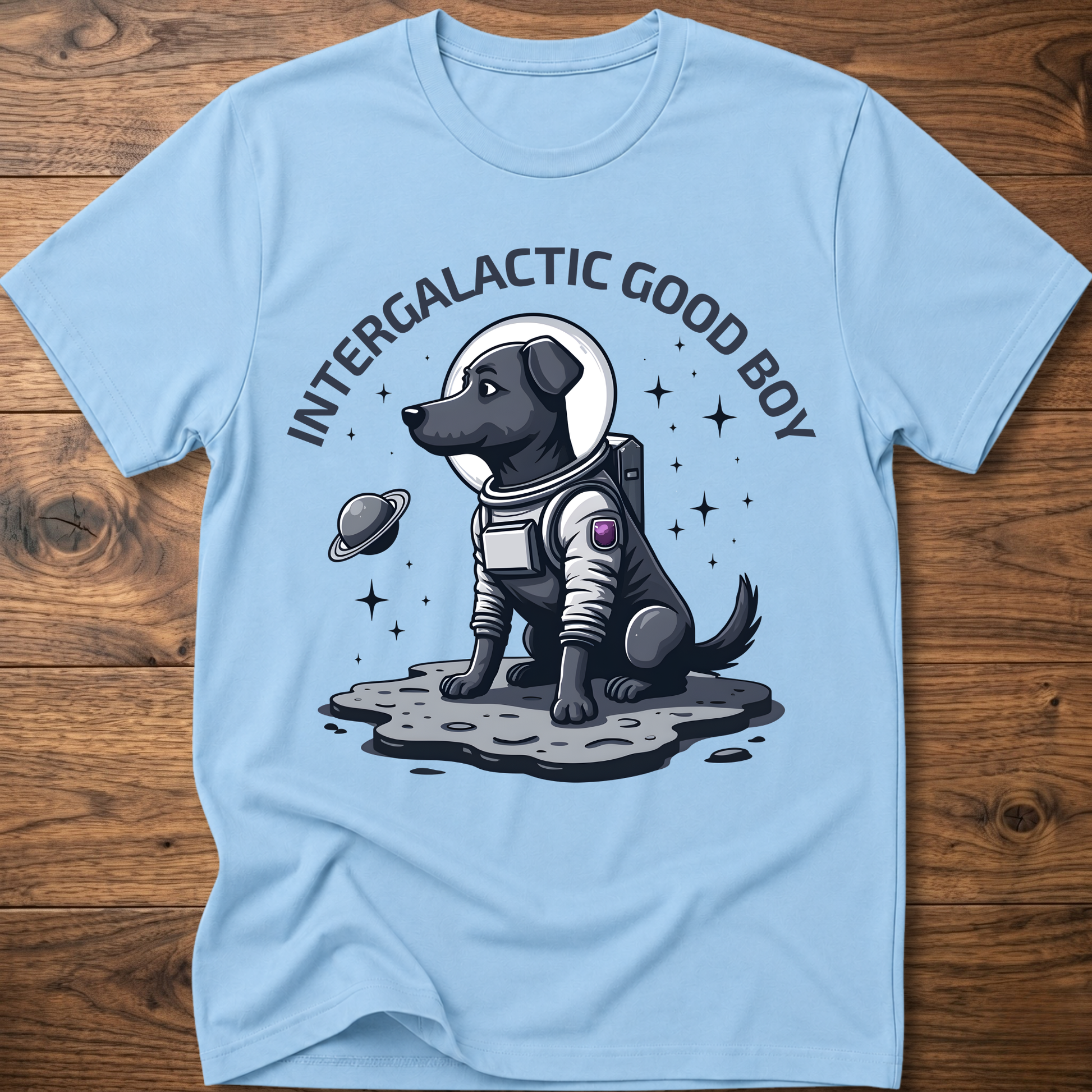 Light blue “Intergalactic Good Boy” dog graphic T-shirt with short sleeves