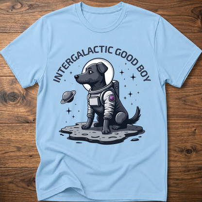 Light blue “Intergalactic Good Boy” dog graphic T-shirt with short sleeves