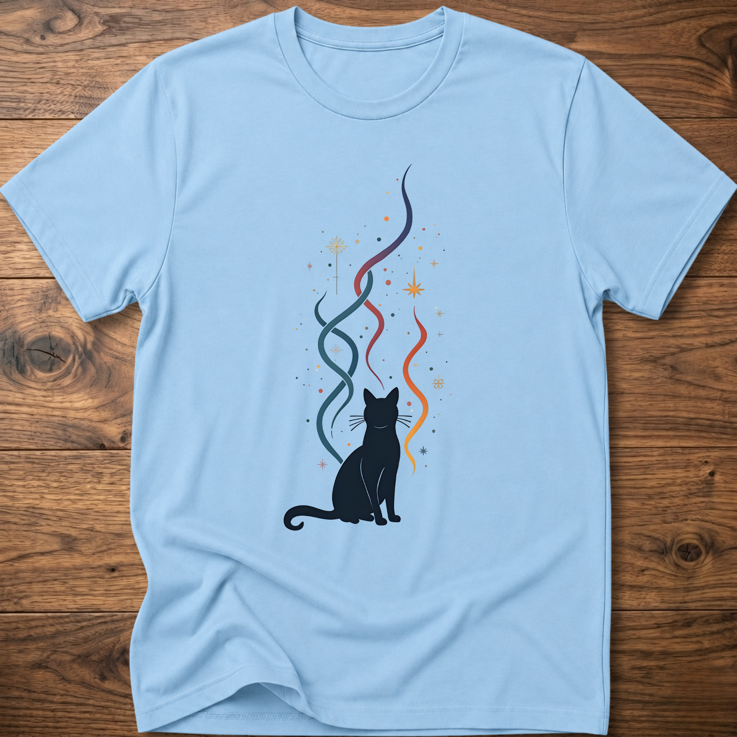 Light blue crew-neck T-shirt with black cat silhouette and multicolor line graphic