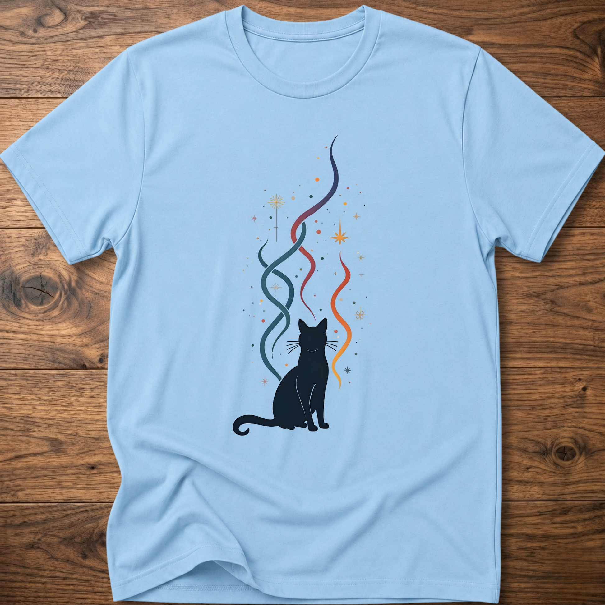 Light blue crew-neck T-shirt with black cat silhouette and multicolor line graphic