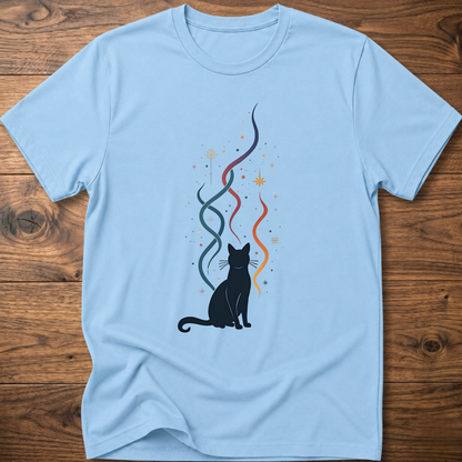 Light blue crew-neck T-shirt with black cat silhouette and multicolor line graphic