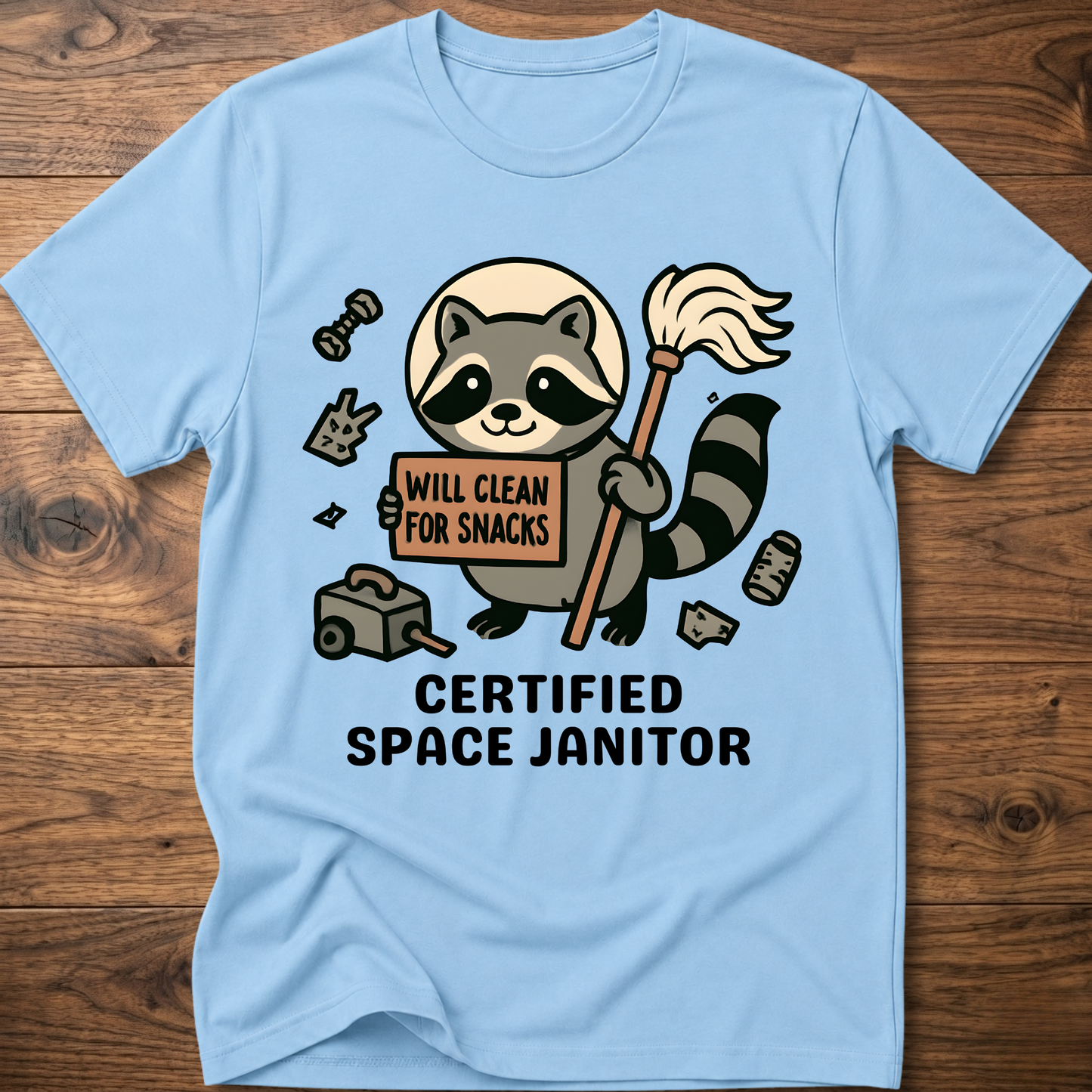 Raccoon space janitor graphic t-shirt, light blue