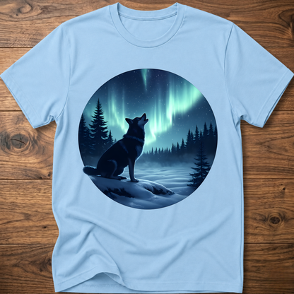 Light blue dog graphic t-shirt with circular aurora scene and dog silhouette