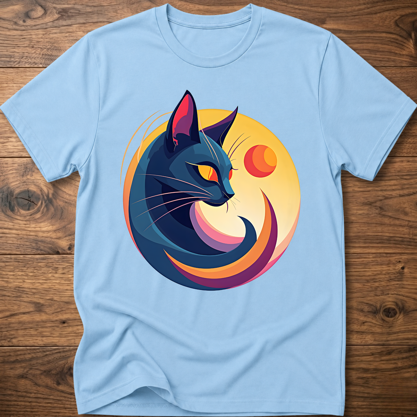 Light blue cat and moon geometric graphic t-shirt, short-sleeve crew neck