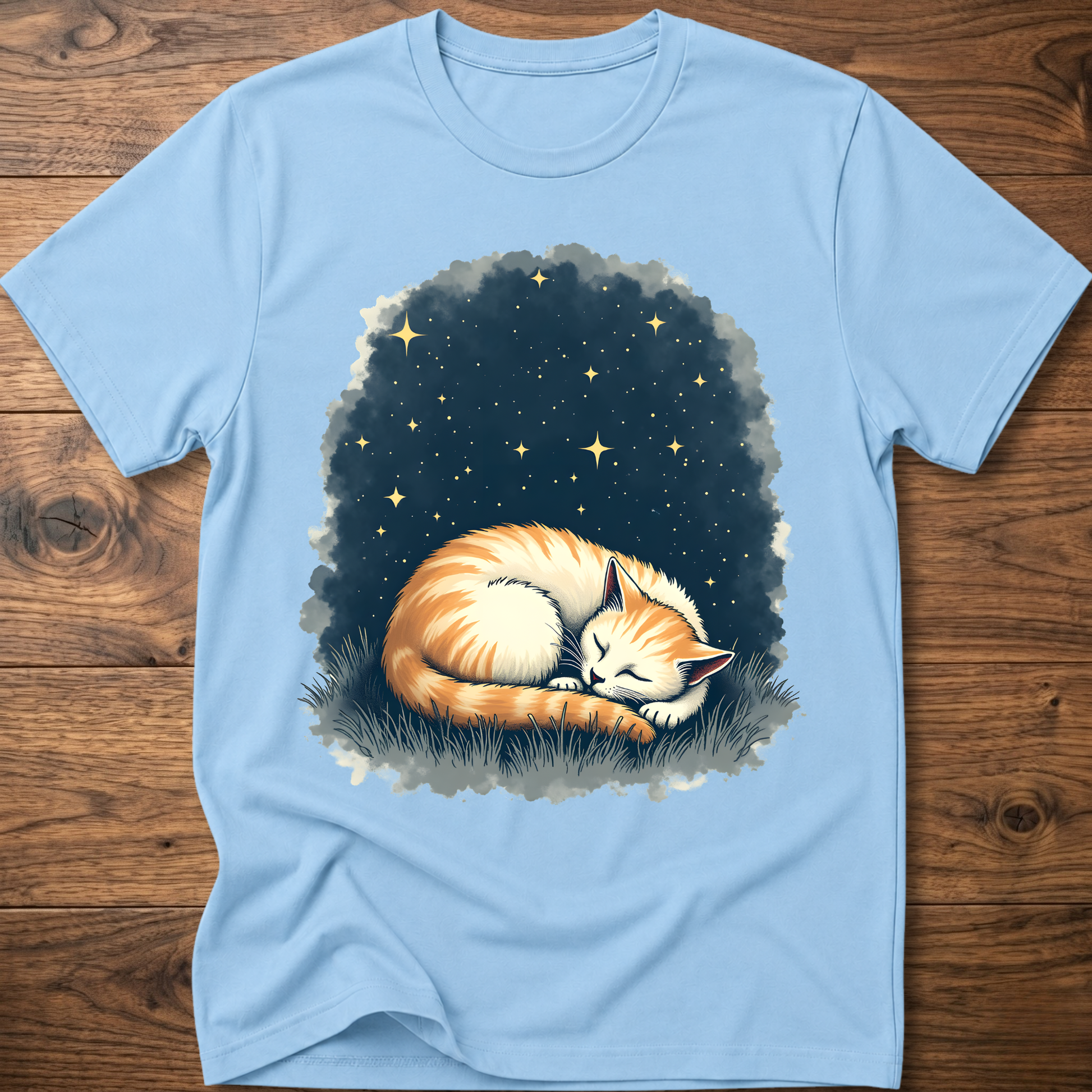 Vintage cat graphic t-shirt in light blue, sleeping cat starlight print