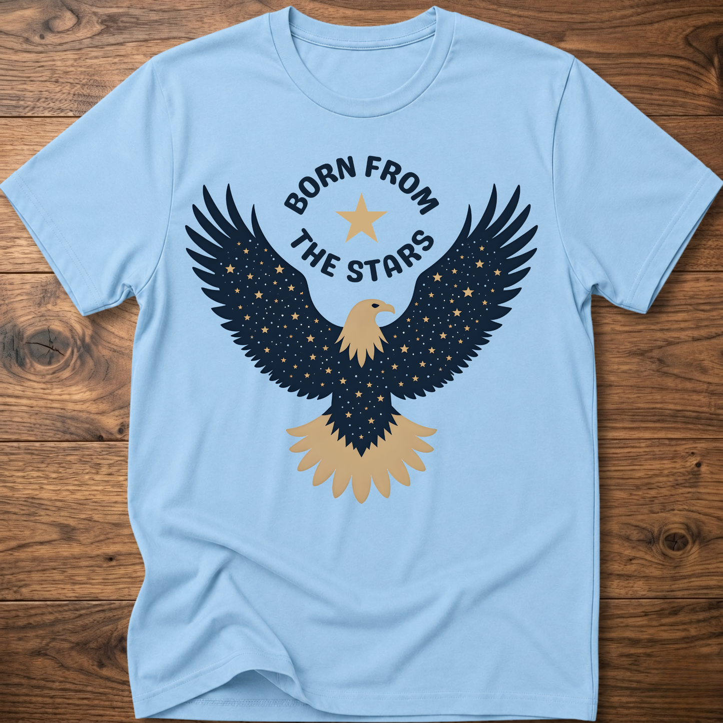 Light blue graphic eagle T-shirt with 'Born From the Stars' star-wing emblem