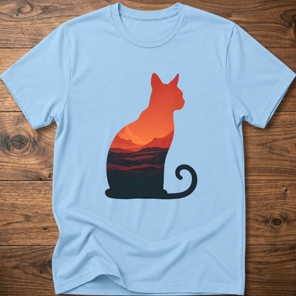 Martian cat graphic t-shirt, light blue; orange cat over sunset landscape print