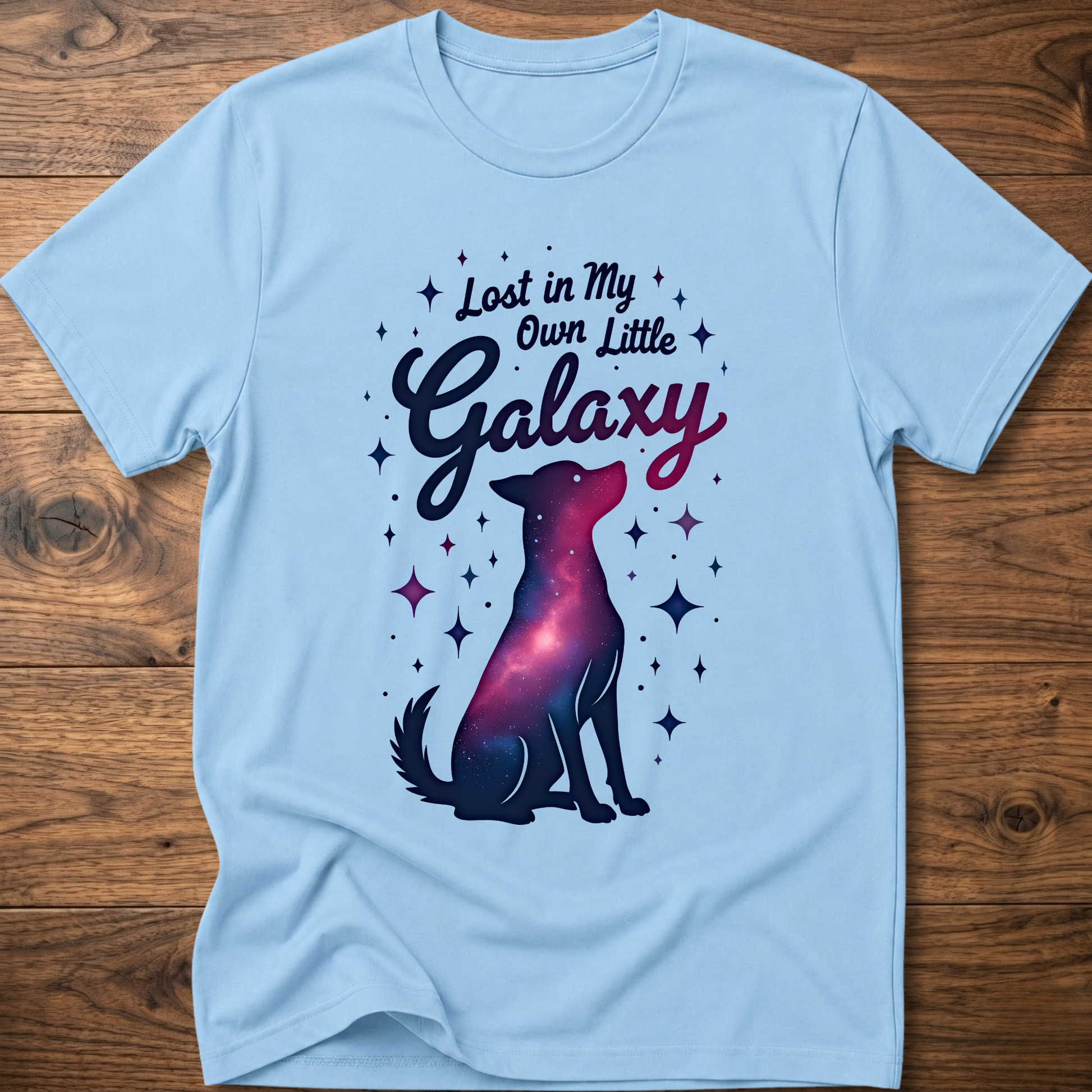 Light blue crewneck dog T-shirt with galaxy graphic and starry dots