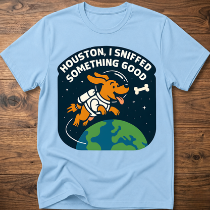 Light blue dog-themed graphic T-shirt with bone and earth illustration