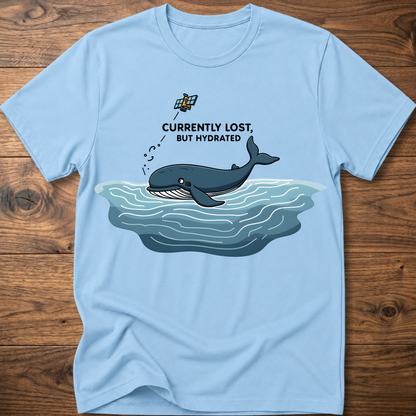 Light blue crew-neck T-shirt with whale in water graphic on chest