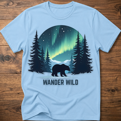Light blue crew-neck t-shirt with bear in forest graphic and 'Wander Wild' text