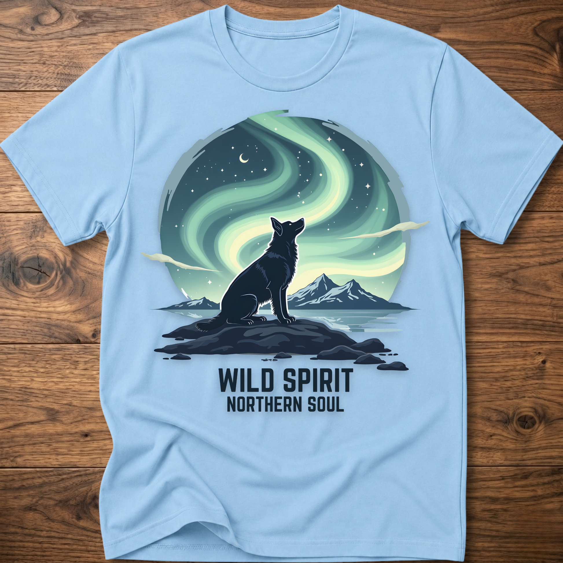Light blue crewneck T-shirt with cat aurora graphic and 'WILD SPIRIT NORTHERN SOUL'