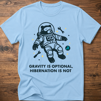 Hibernation bear astronaut t-shirt in light blue with front astronaut bear graphic and slogan text