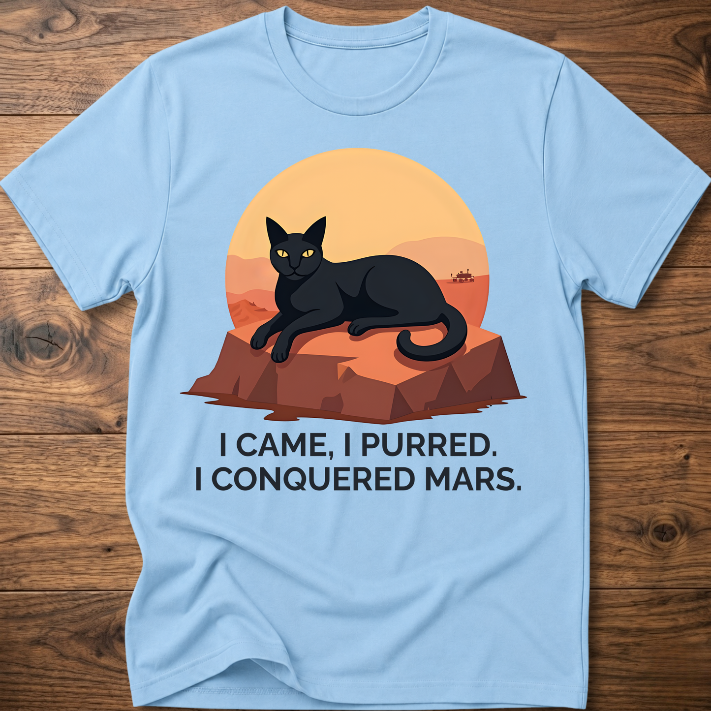 Conquered Cat T-shirt, light blue; lounging cat graphic with orange text 'I CAME, I PURRED.'