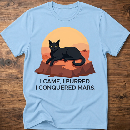 Conquered Cat T-shirt, light blue; lounging cat graphic with orange text 'I CAME, I PURRED.'