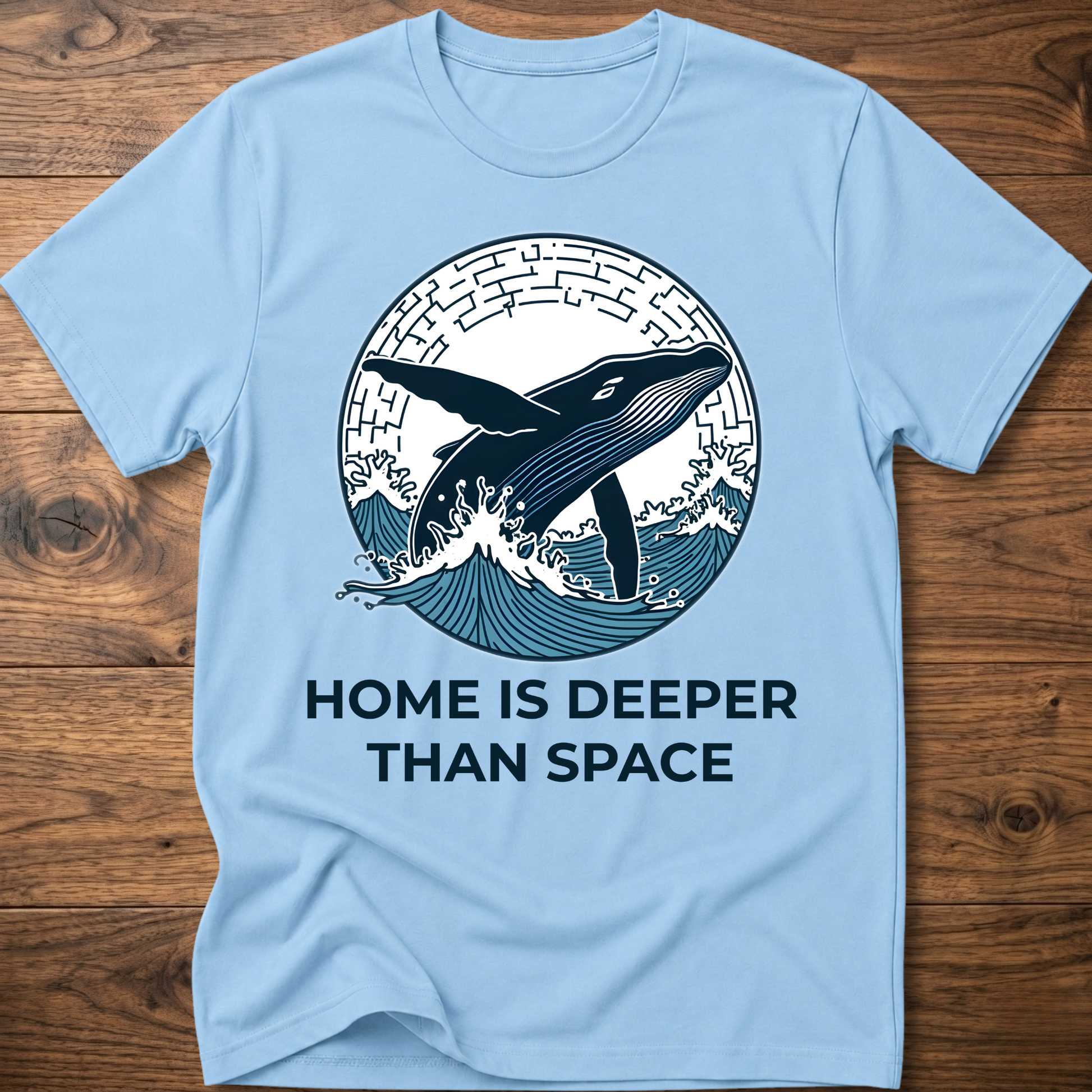 Light blue T-shirt with whale surf graphic and “HOME IS DEEPER THAN SPACE” text