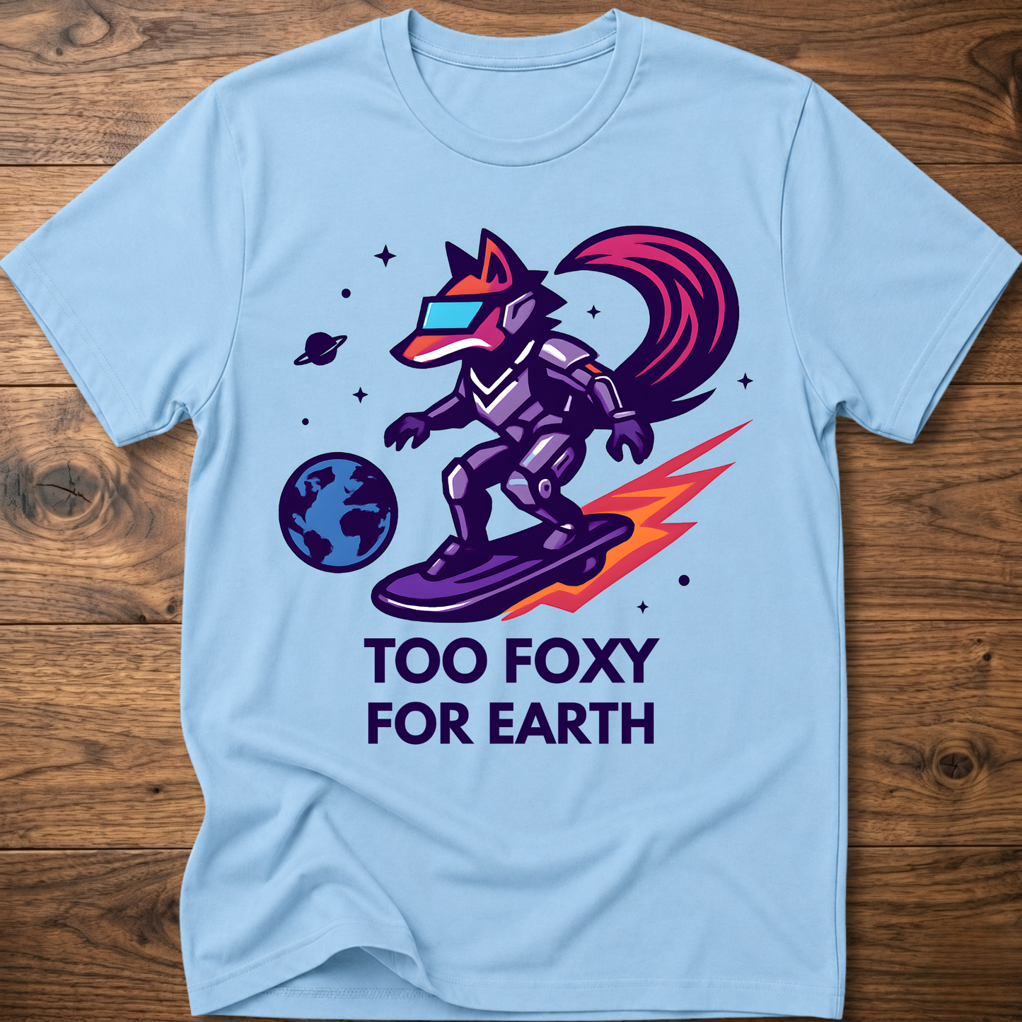 Light blue T-shirt with fox astronaut graphic: 'TOO FOXY FOR EARTH'