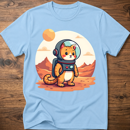 Light blue crew-neck T-shirt with astronaut cat graphic in the center