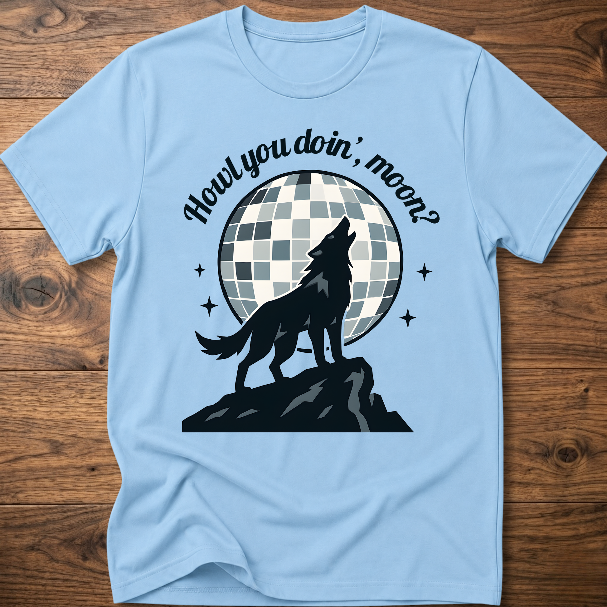 Light sky blue wolf graphic T-shirt with circular check background and slogan text