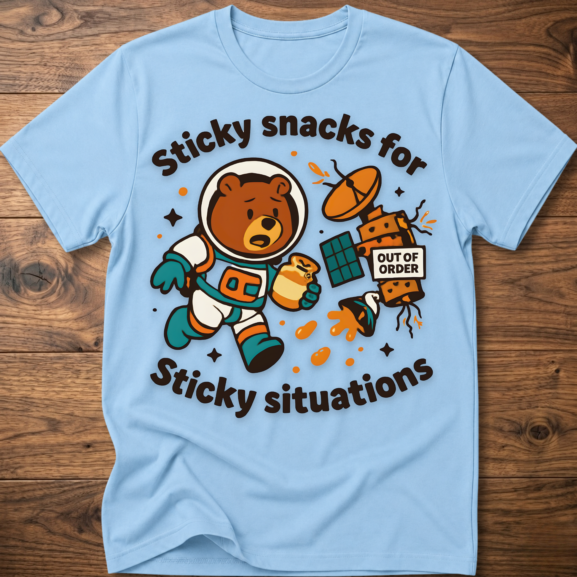 Light blue bear graphic t-shirt with cartoon snack scene and 'Out of Order' badge