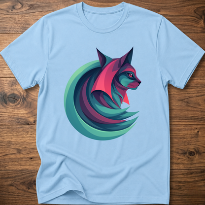 Geometric cat graphic T-shirt, light blue, crew neck short sleeves